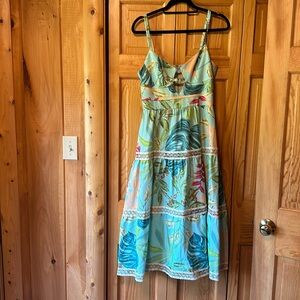 Patbo Island Blue Tropicalia Jute- Trim midi dress